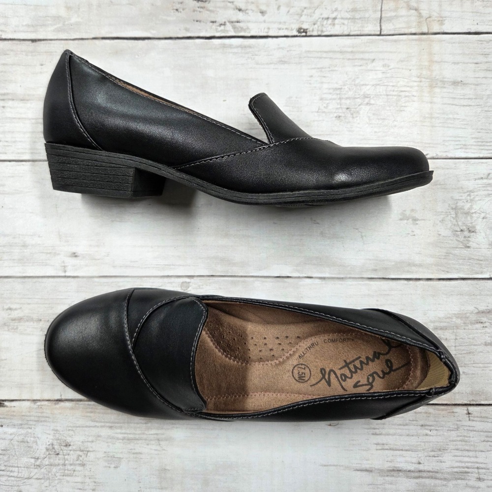Natural Soul Loafer Women 7.5M Black VOVO Block Heel Comfort Slip On Stitching